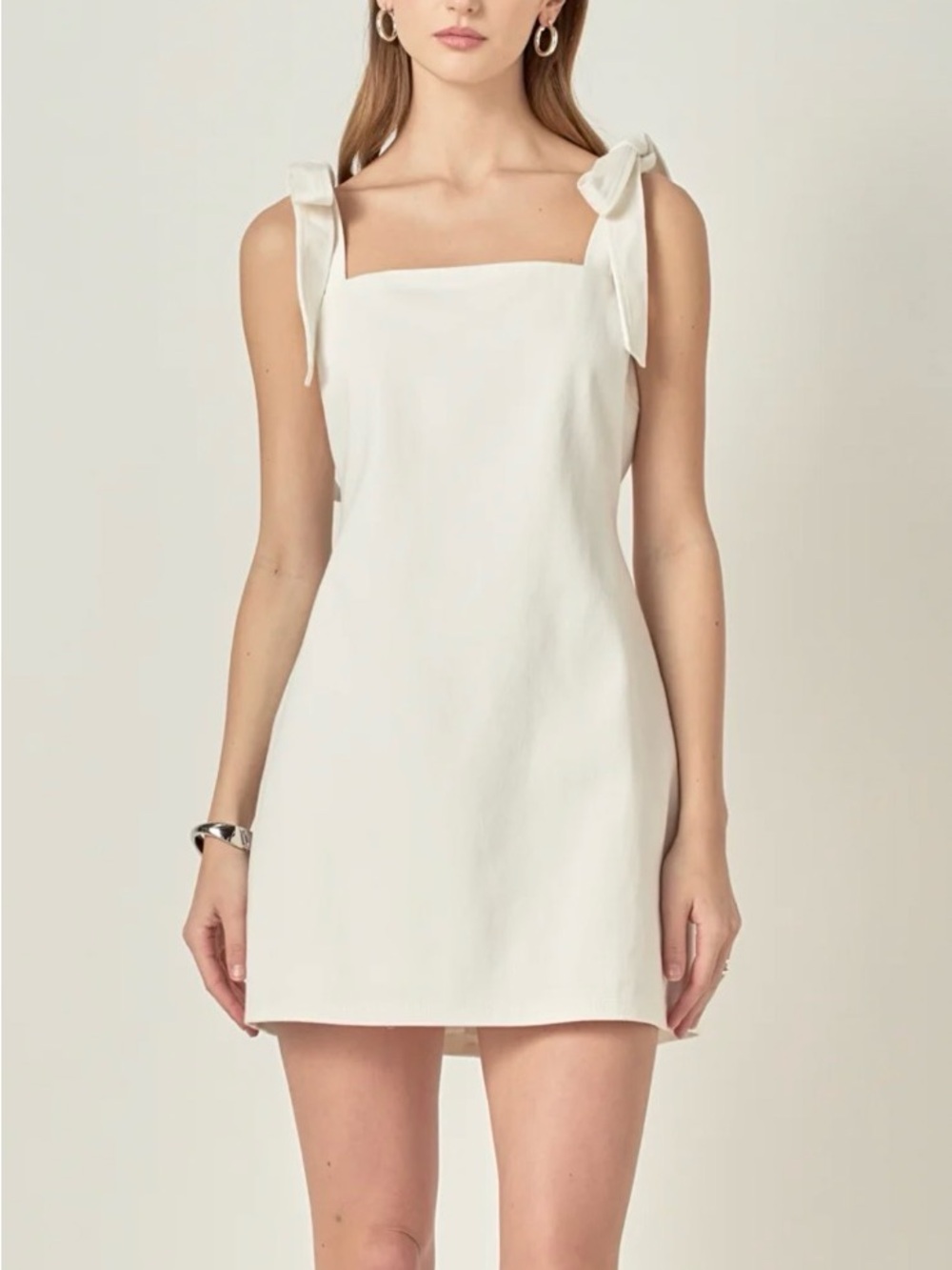 NWT English Factory White Denim Tie Shoulder Mini Dress Size L | Anthropologie